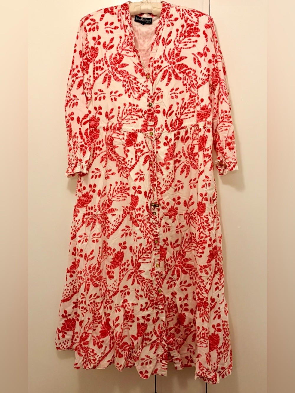 Liza Byrd 100% Cotton White Maxi Dress with Red Floral Print